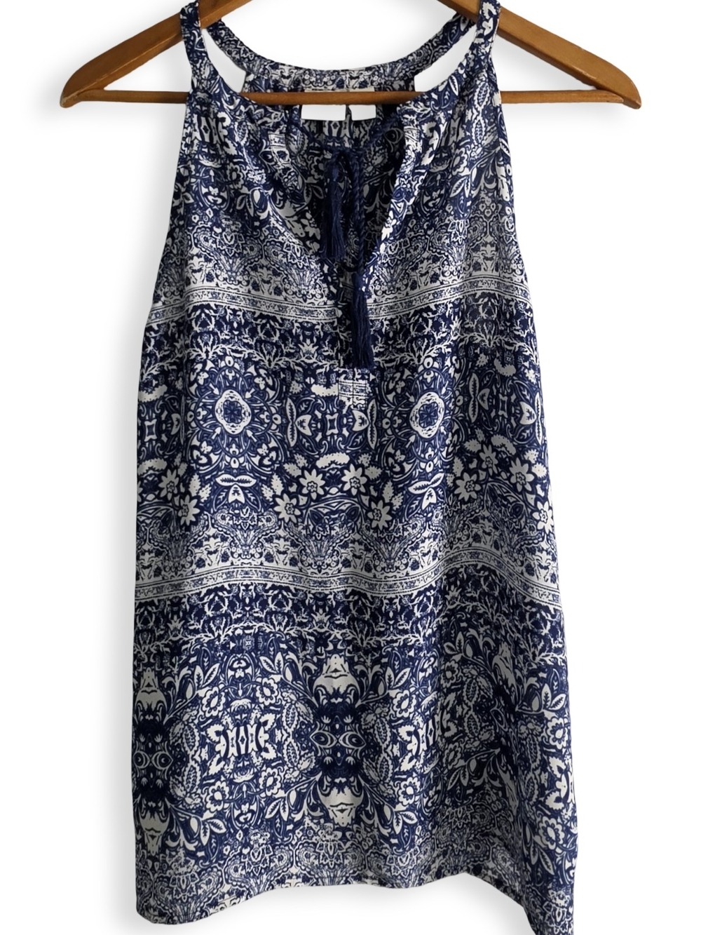 St. Tropez West Blue White Paisley Sleeveless Tank Top Women's Small Boho Summer